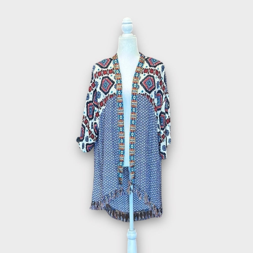 Umgee Mixed Print Tassel Detail Open Front Kimono… - image 5